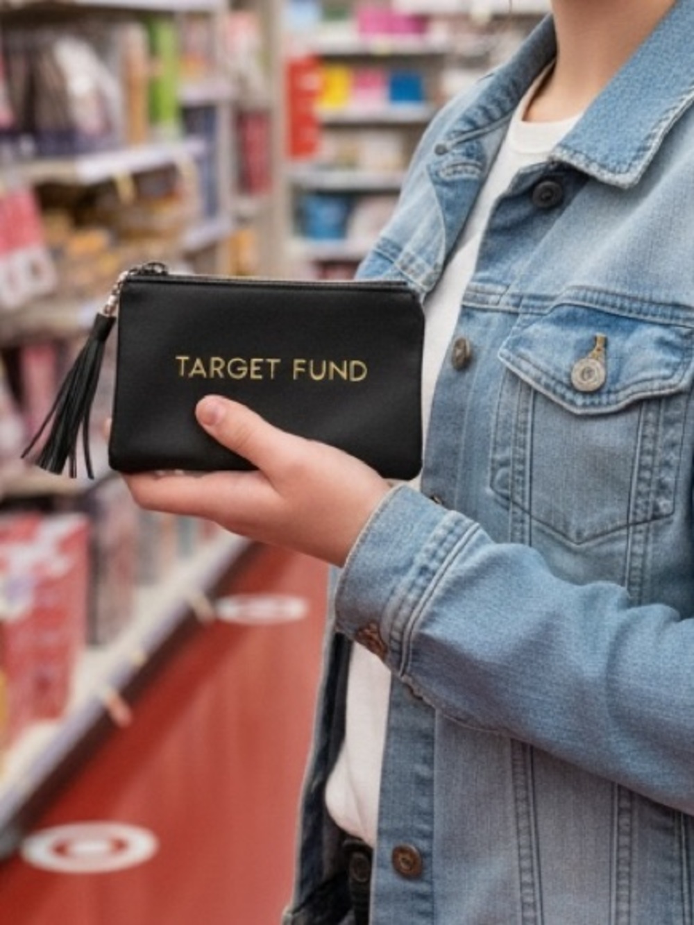 Black Coin Pouch with Gold Text “Target Fund”